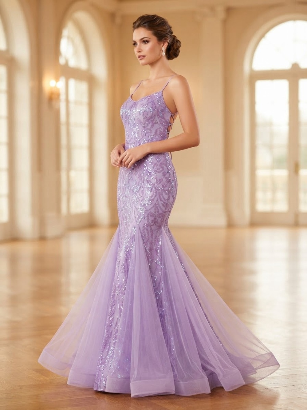 Lavender Sequin Mermaid Evening Dress with Tulle Skirt